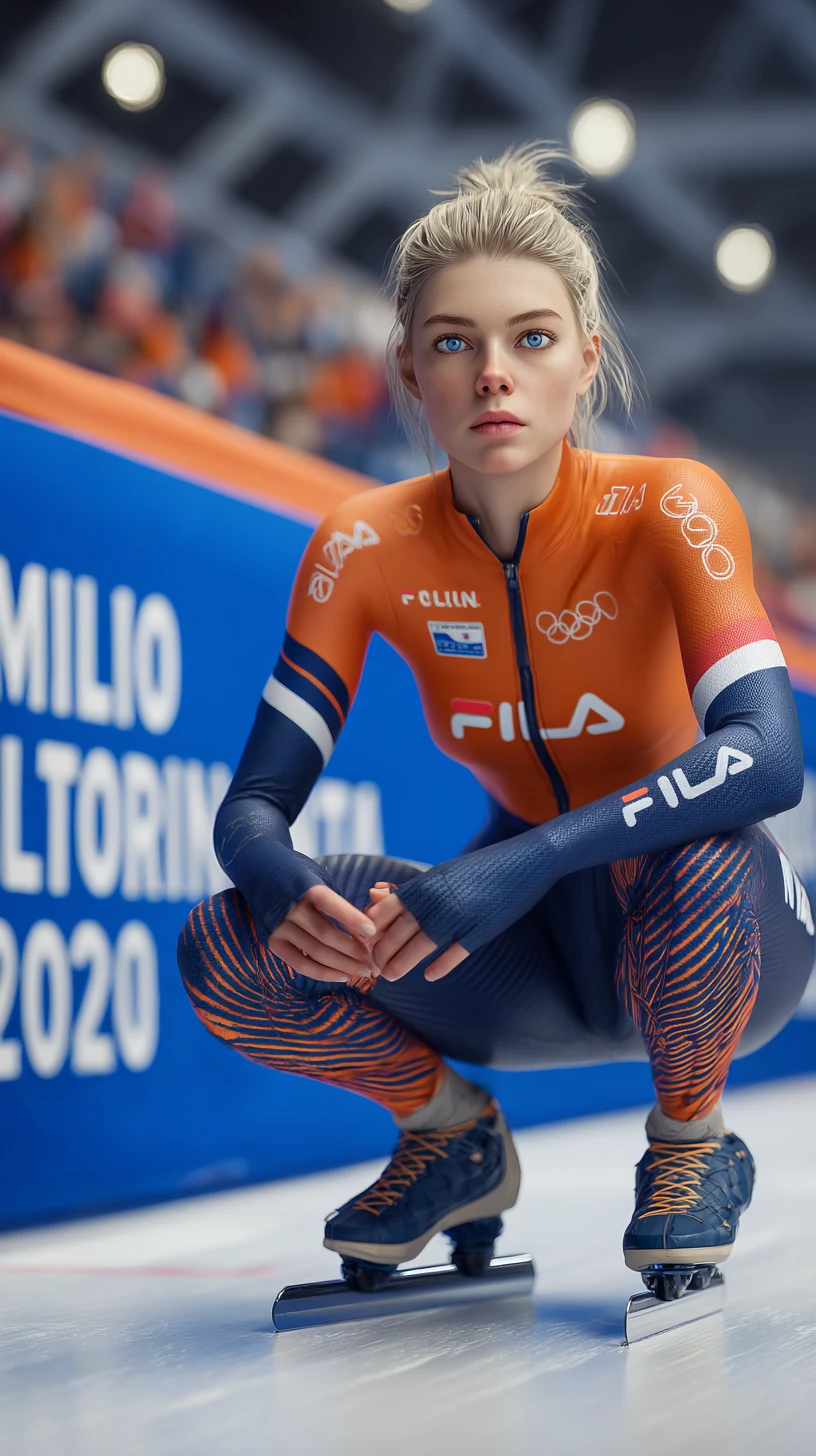Patinadora de velocidad atándose patines clap en pista cubierta