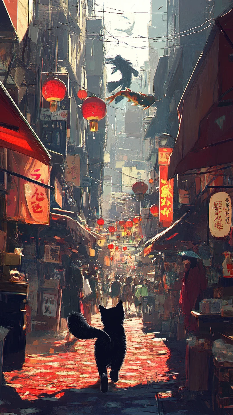 Gato negro alado corriendo con carpa koi en ciudad fantástica