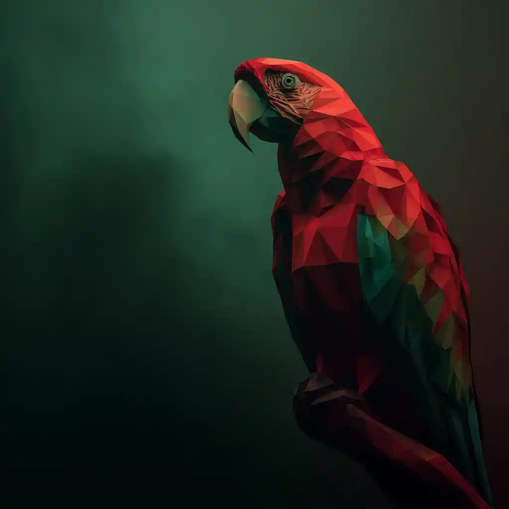 Low poly red parrot in dark geometric abstract atmosphere