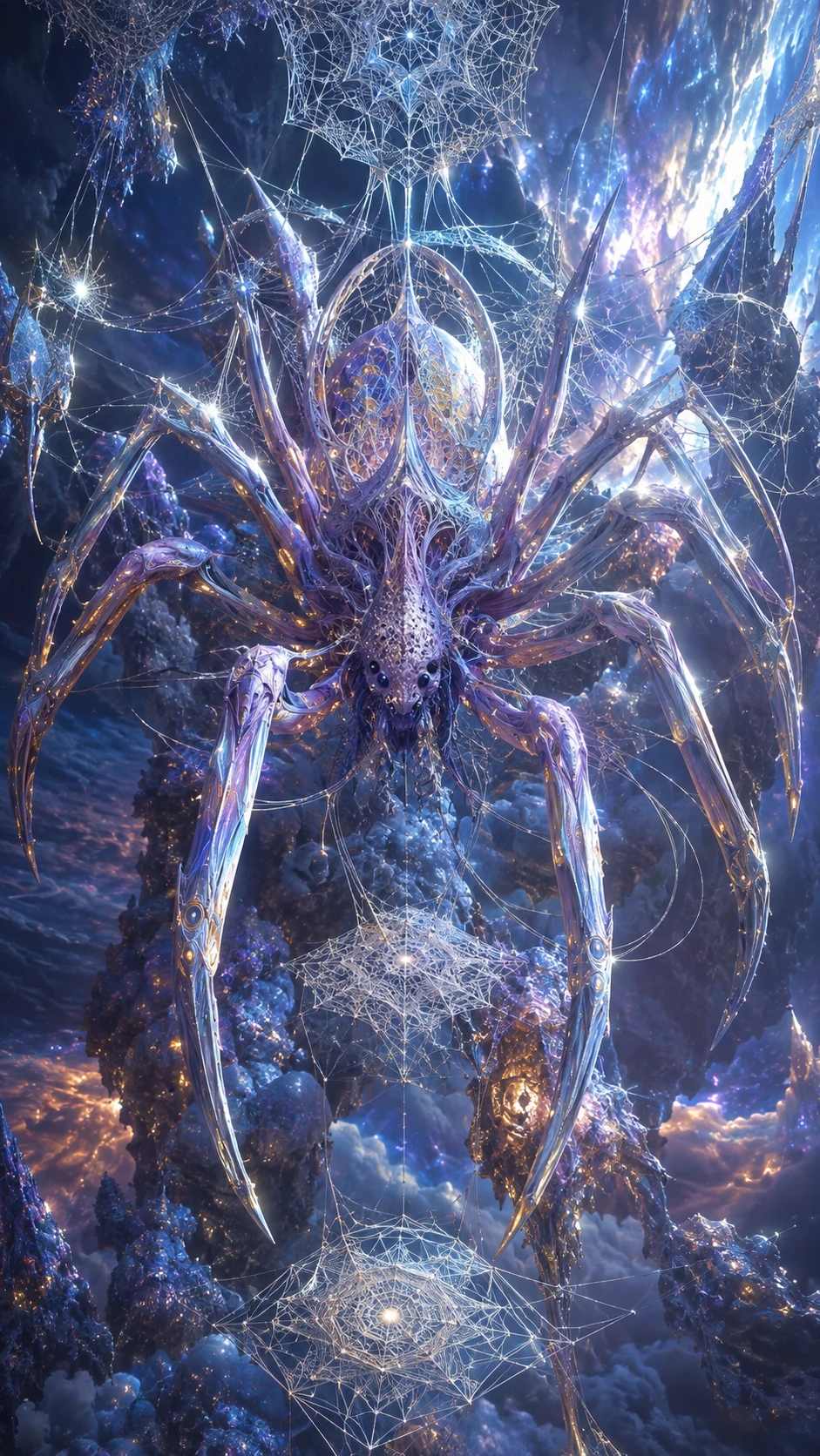 Criatura araña alienígena tejiendo luminosas telarañas de luz matemática