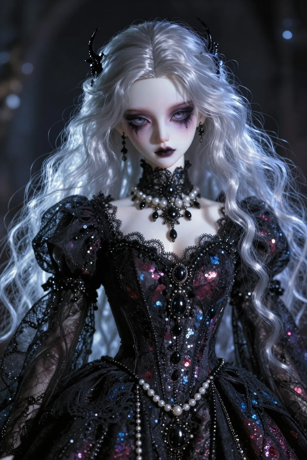 Mujer estilo muñeca gótica en retrato dark fantasy en primer plano