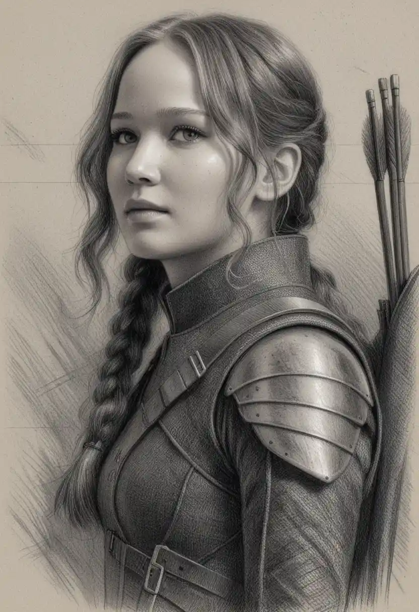 Graphite portrait of a determined armored archer woman in profile