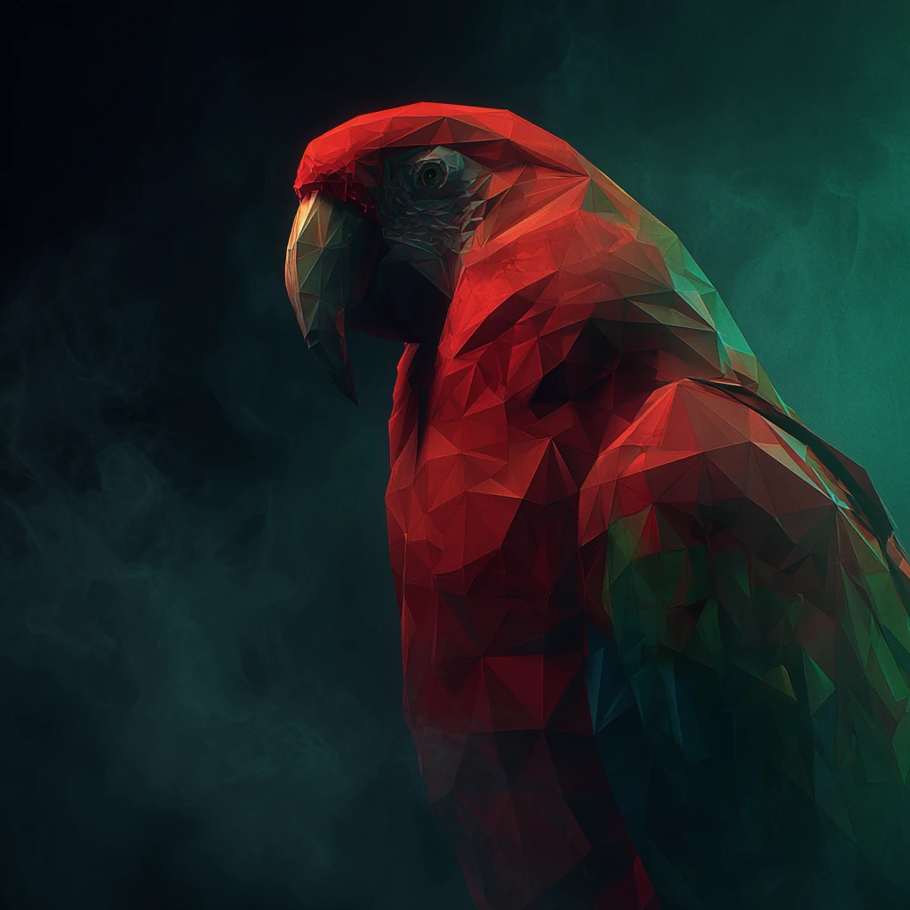 Pappagallo rosso low poly in atmosfera geometrica smeraldo fumosa