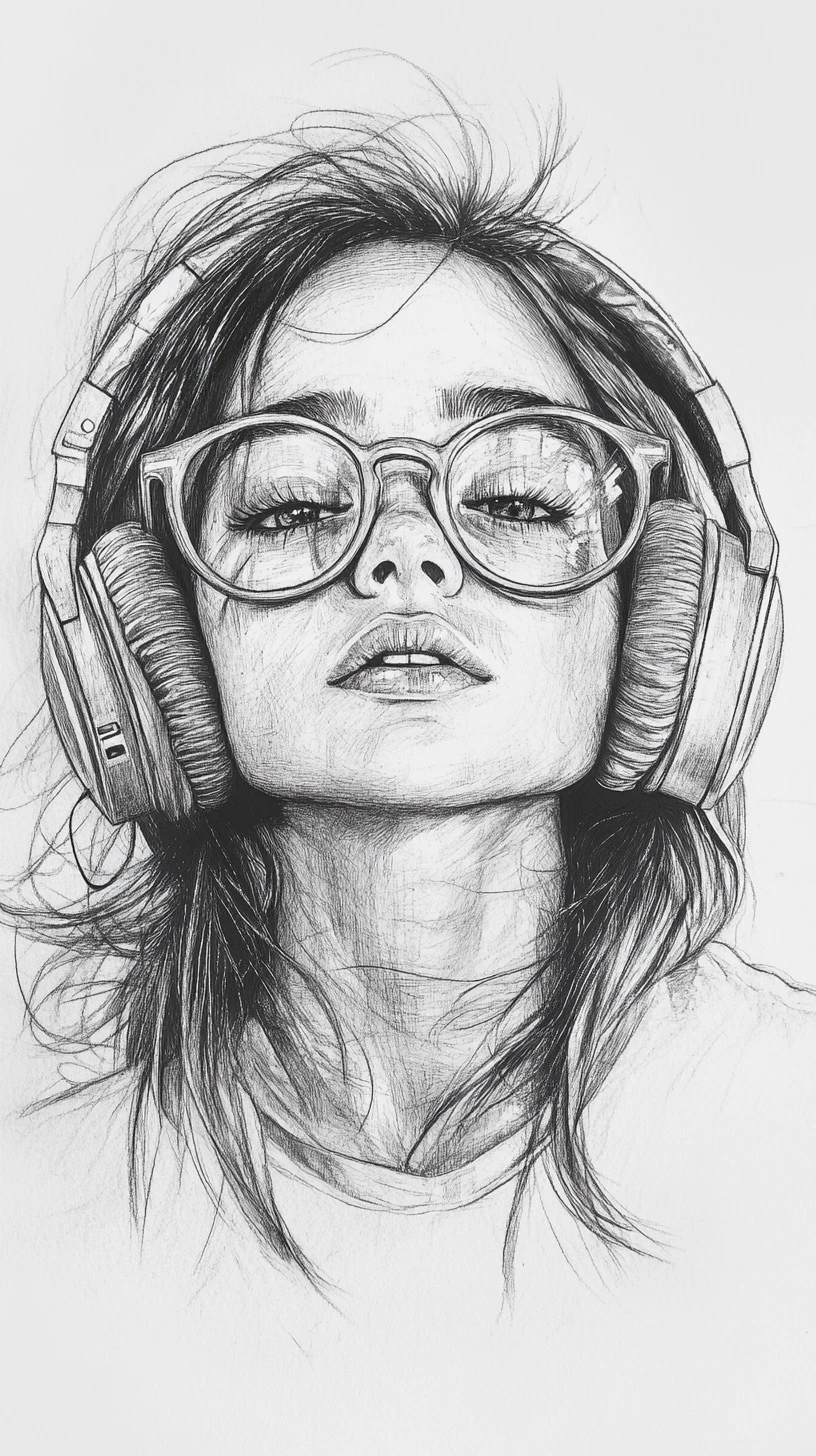 Retrato a lápiz de una joven con auriculares y gafas