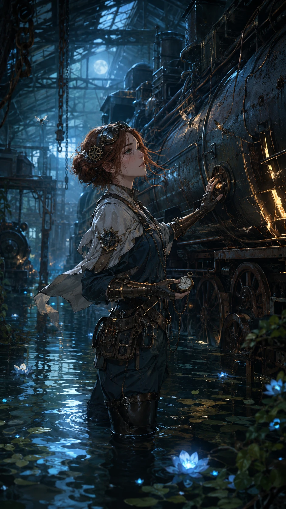 Mujer steampunk en un depósito de trenes inundado bajo la luz de la luna