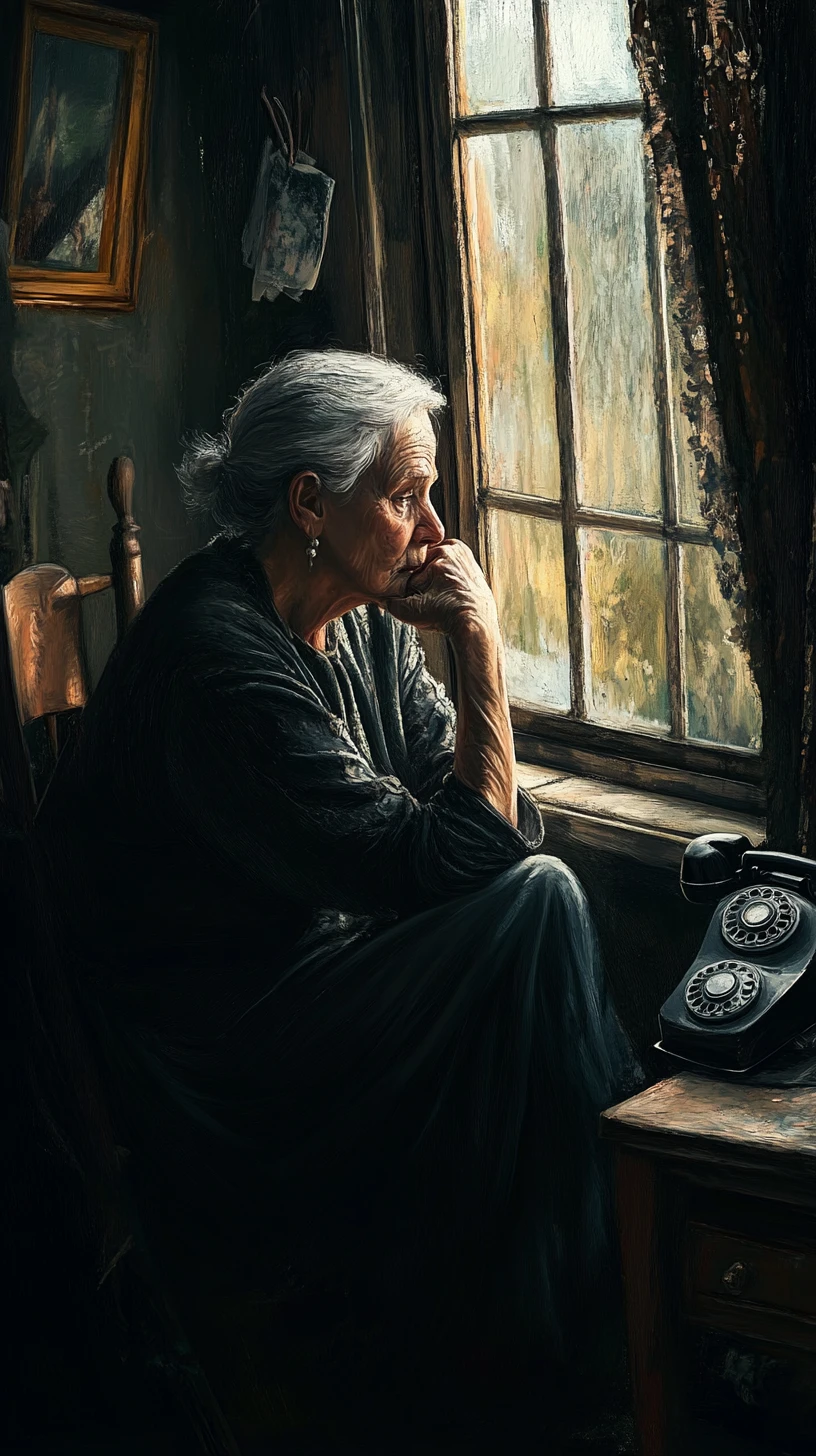 Femme Âgée près d’une Fenêtre Rustique avec un Vieux Téléphone à Cadran