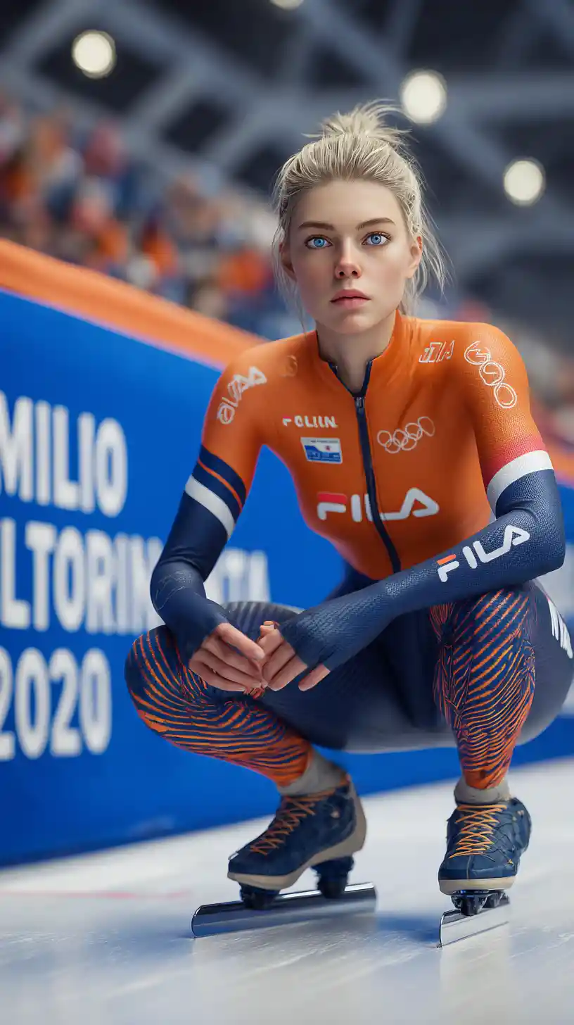 Patinadora de velocidad atándose patines clap en pista cubierta