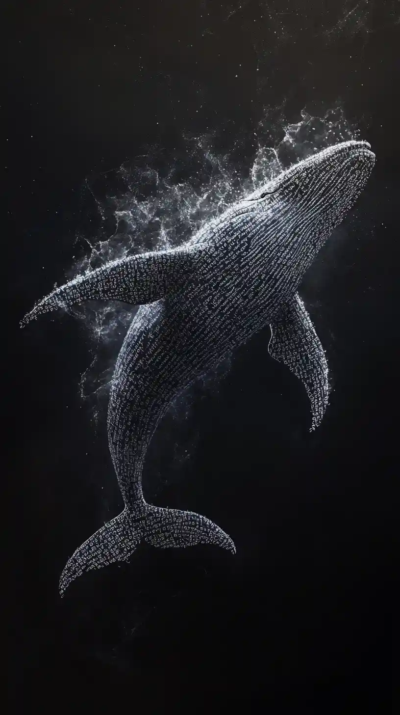 Ballena surreal emergiendo de un océano de marcas simbólicas