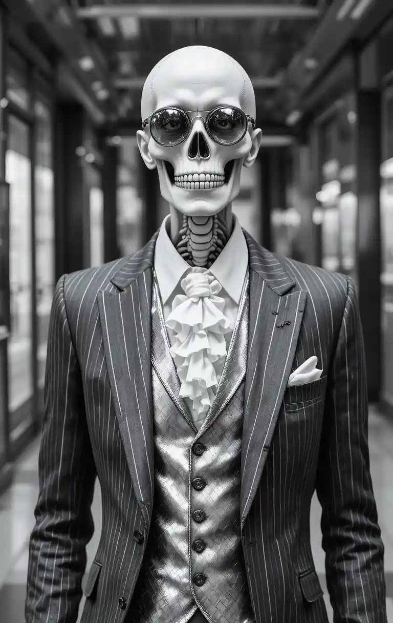 Stylish zombie skeleton in charcoal pinstripe suit and glasses