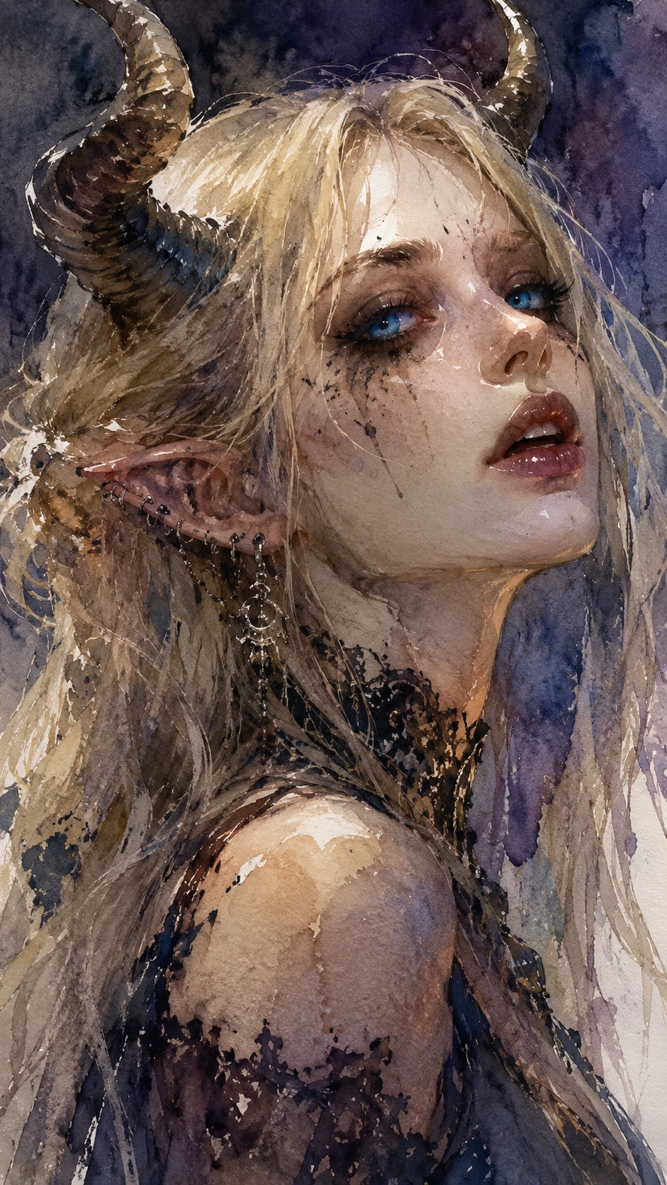 Mujer tiefling rubia con ojos azules brillantes en luz tenue