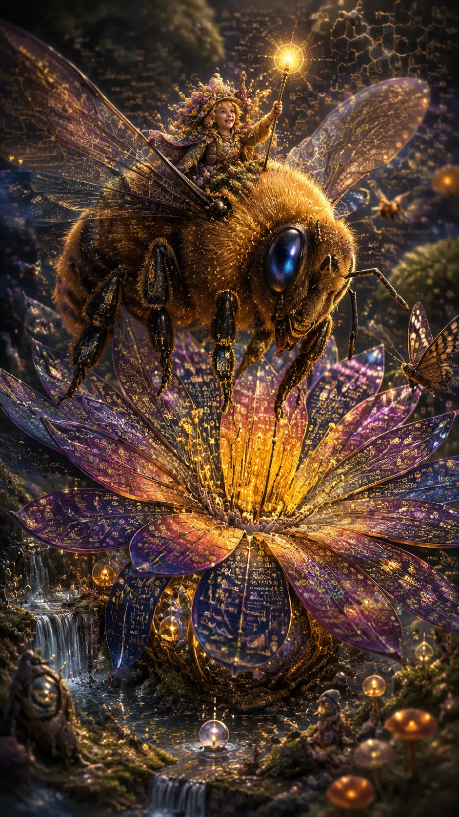 Giant bumblebee hovering over stained glass wildflower world