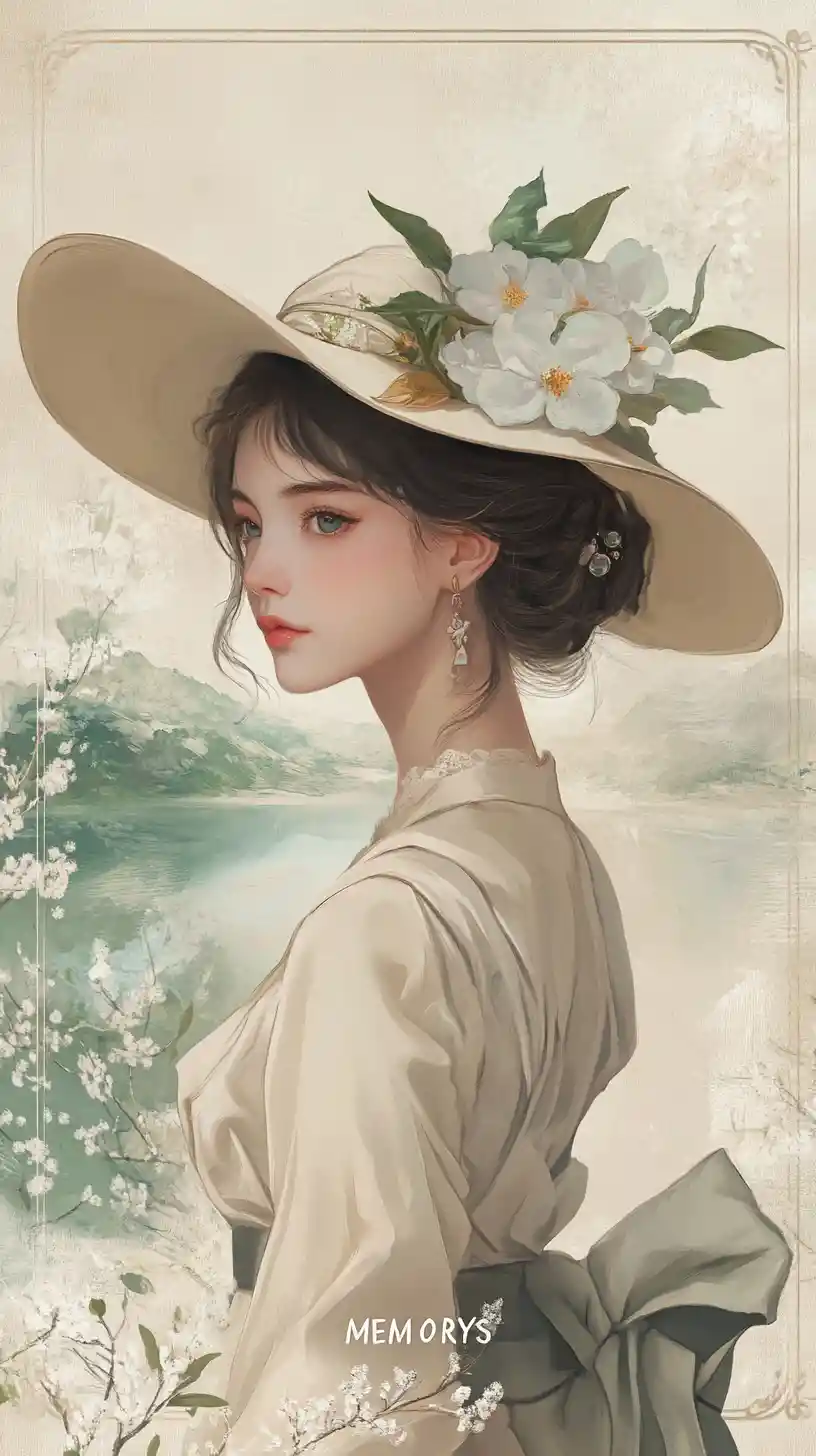 안개 낀 일본 산 앞 모자를 쓴 빈티지 소녀