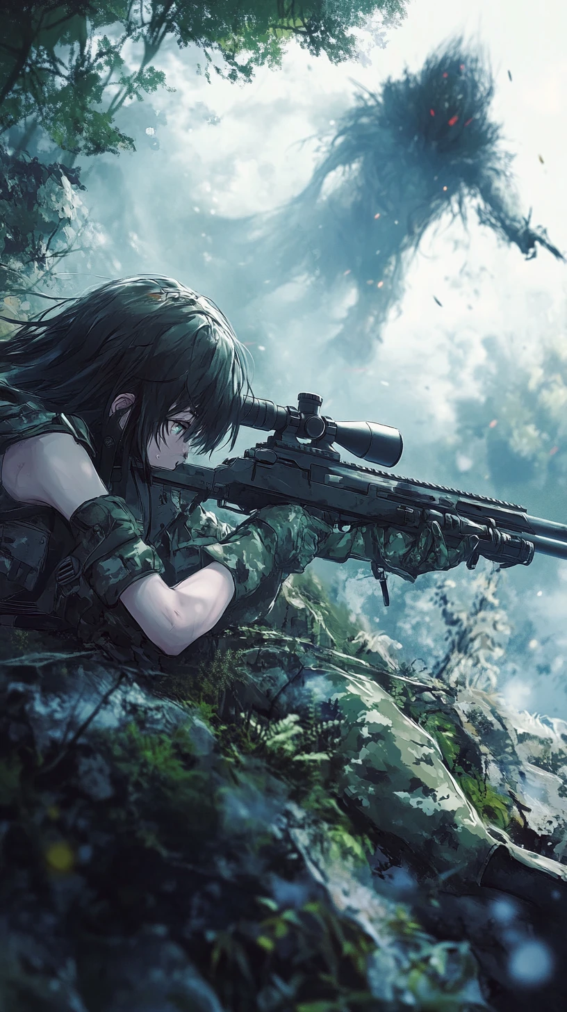 Camouflaged anime girl aiming a sniper rifle at monster