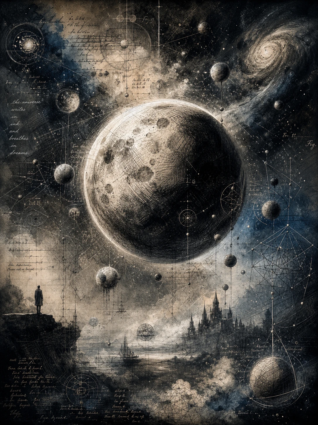 Boceto surrealista de un planeta flotando en un vacío lleno de estrellas