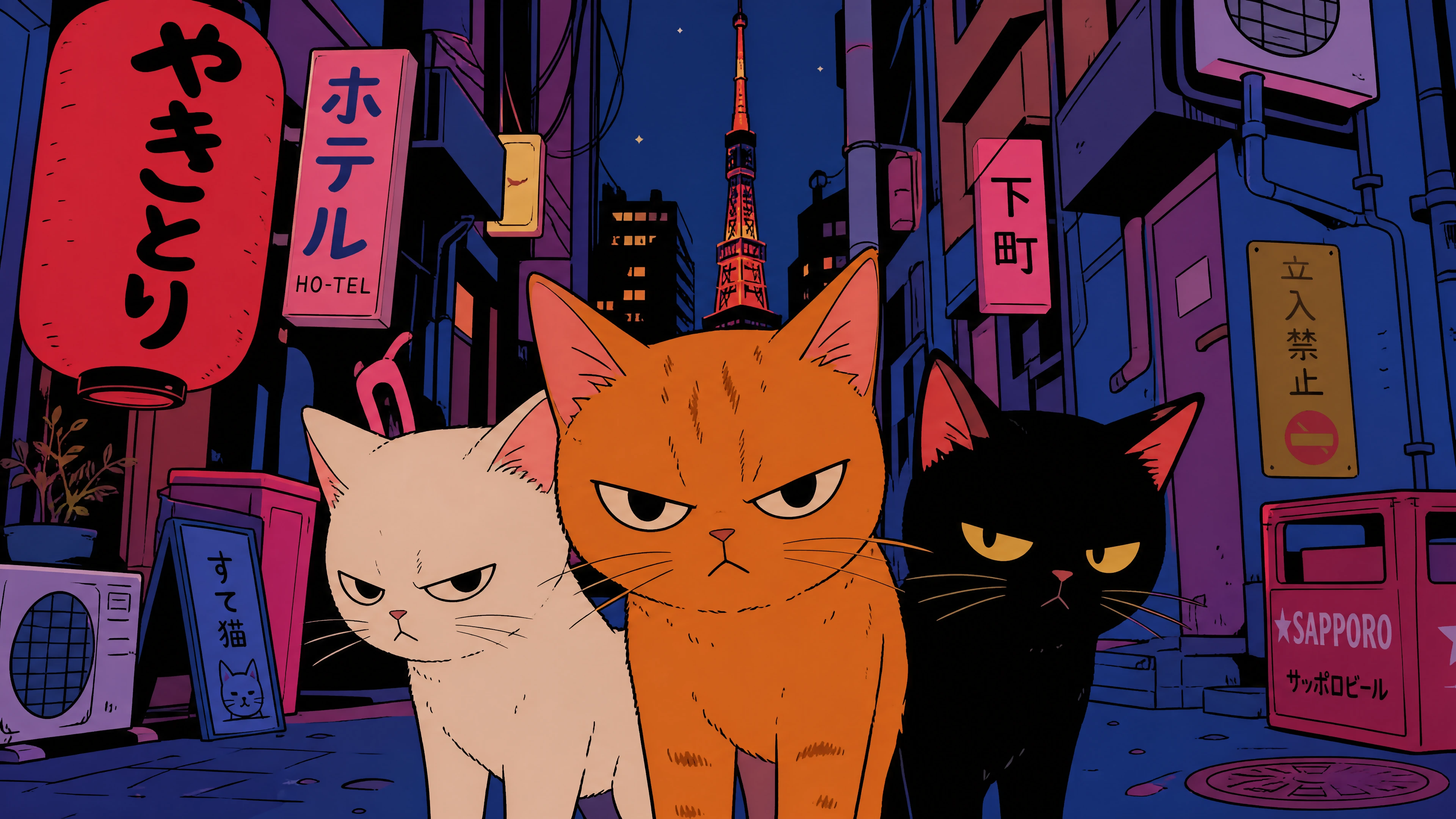 Tres gatitos gruñones en un callejón minimalista de Tokio – ilustración