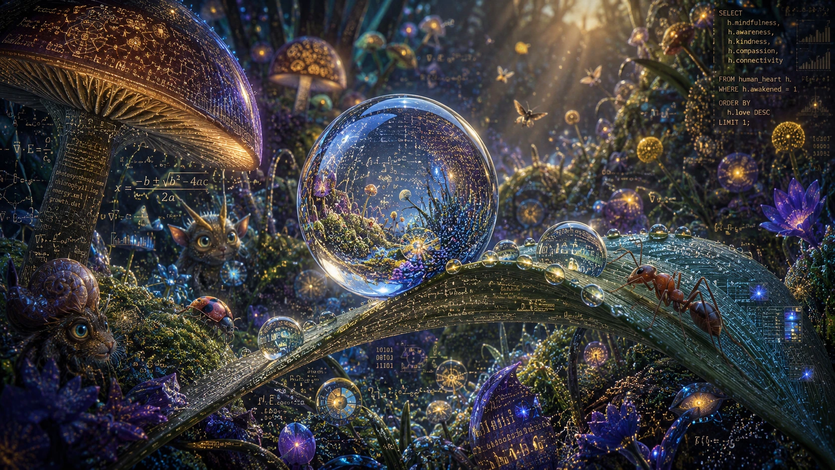 Ultra macro fantasy microcosm of glowing data particles
