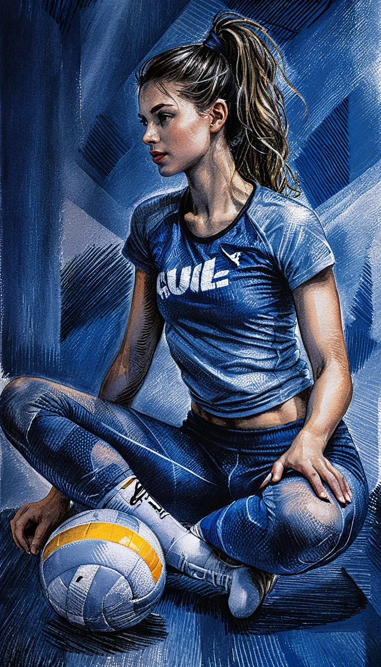 Athletic woman crouching with volleyball in pen drawing profile