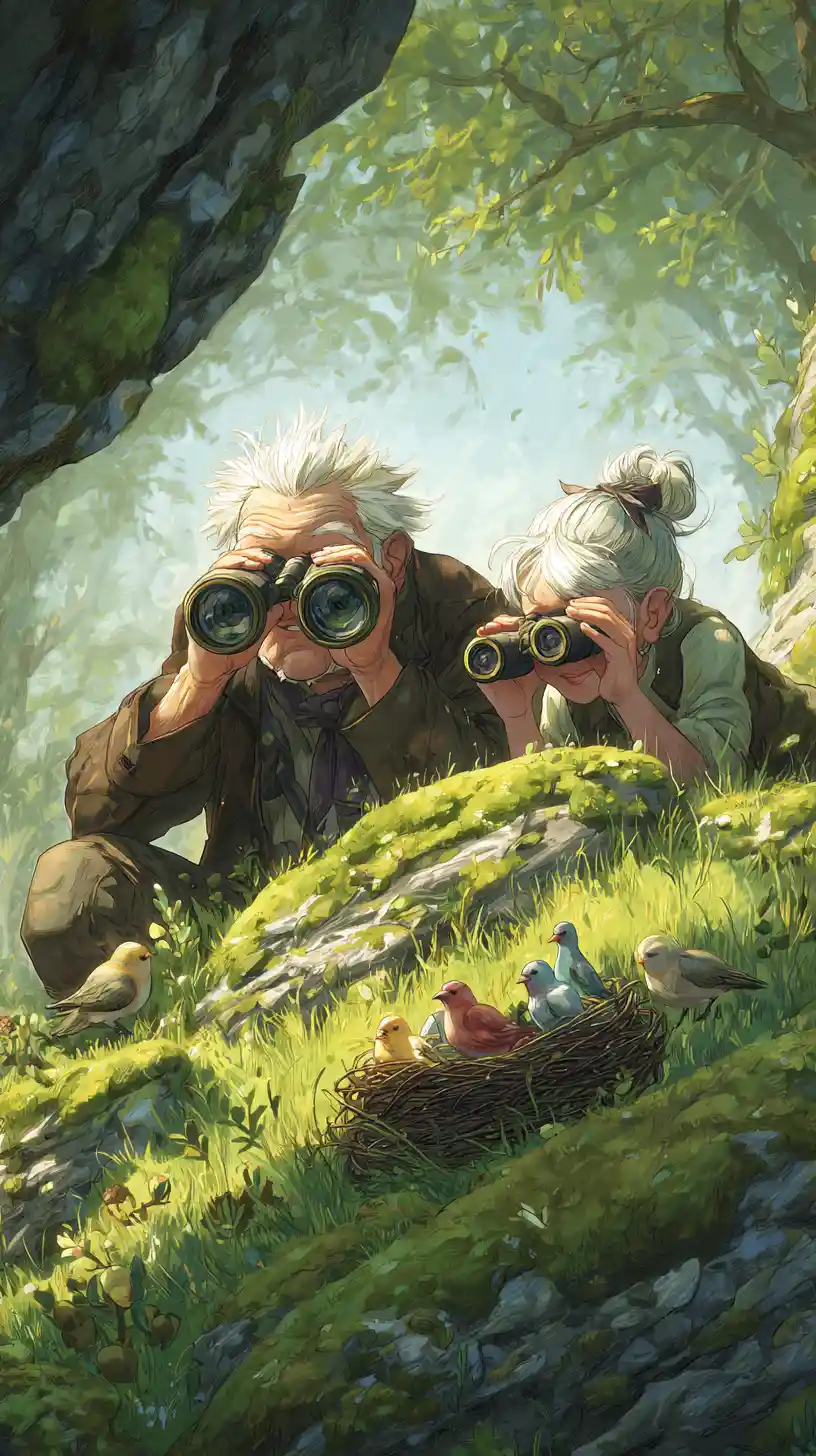 Pareja de ancianos observando la naturaleza juntos en un prado bañado por el sol