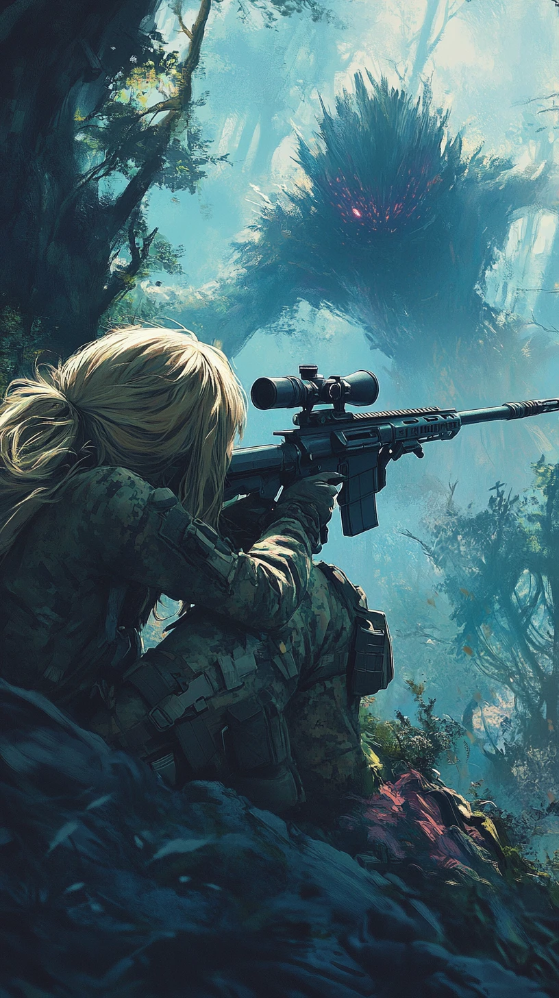 Chica de anime camuflada apuntando con rifle francotirador a un monstruo