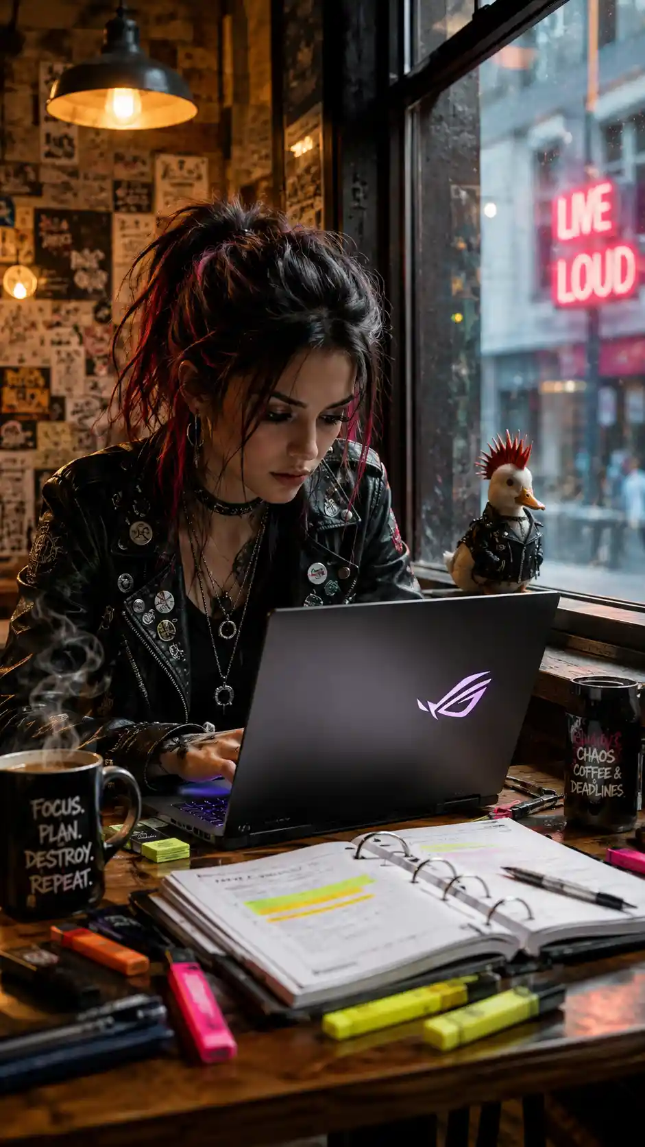 Mujer punk concentrada trabajando junto a la ventana de una cafetería acogedora