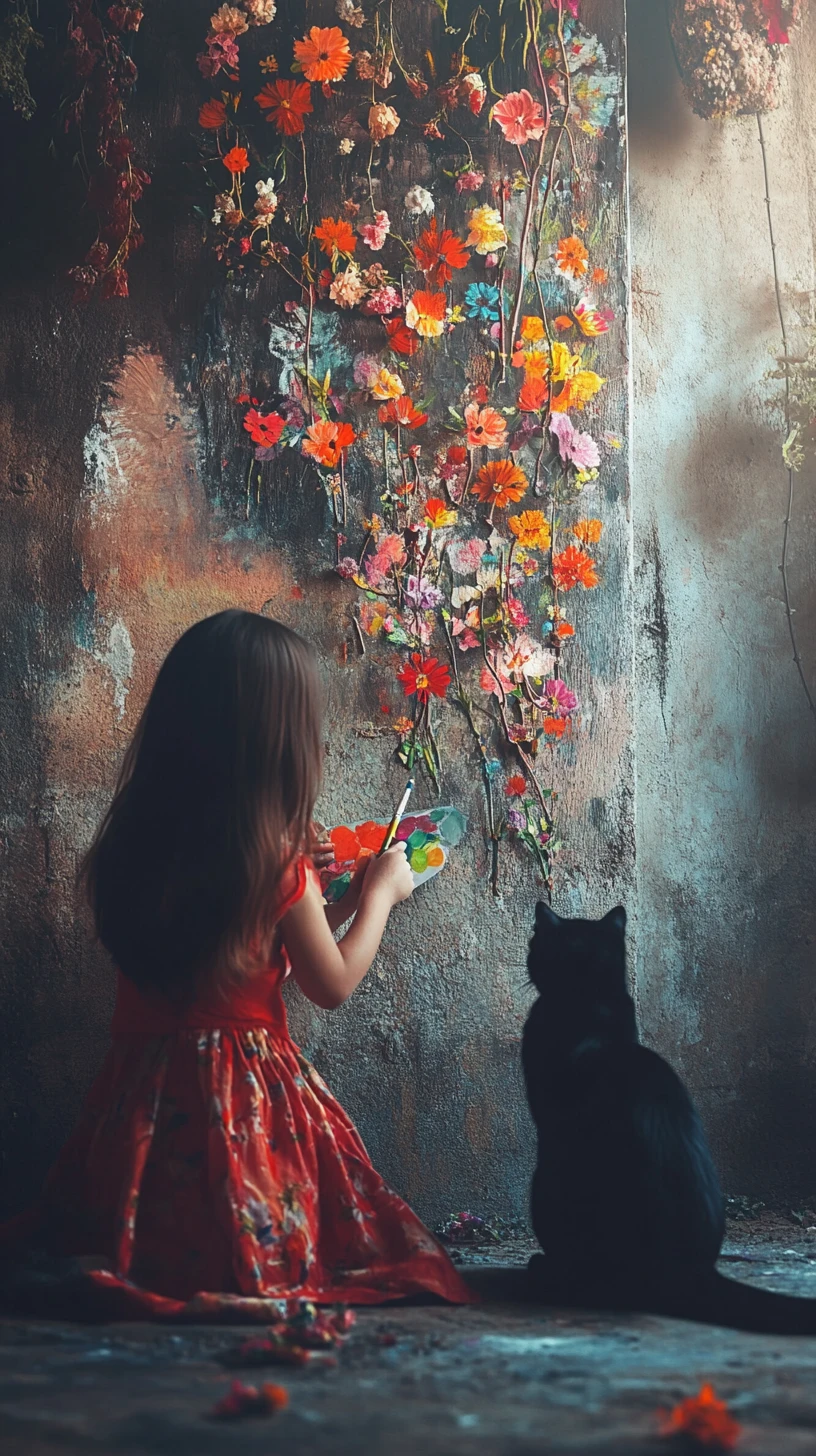 猫と一緒に古い壁に花を描く少女
