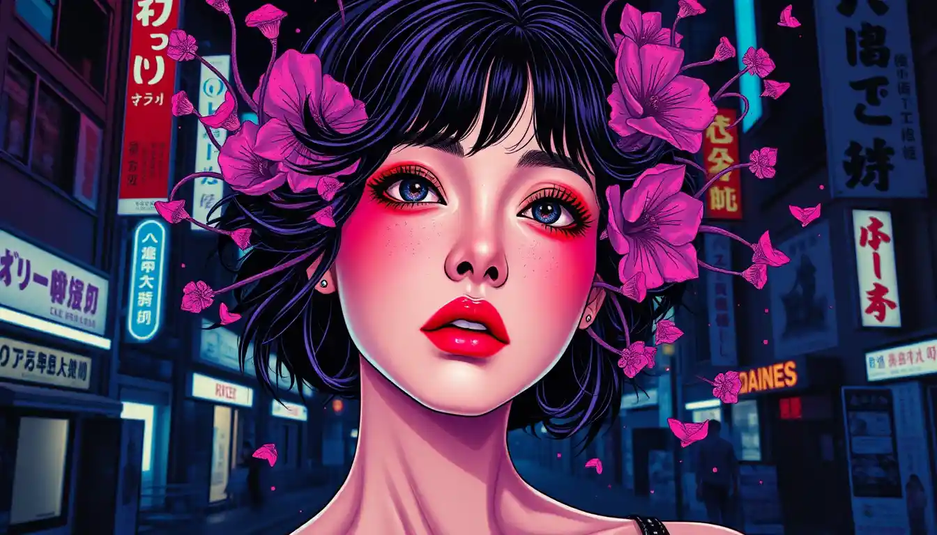 Surreal woman with tentacle hair in neon urban nightmare