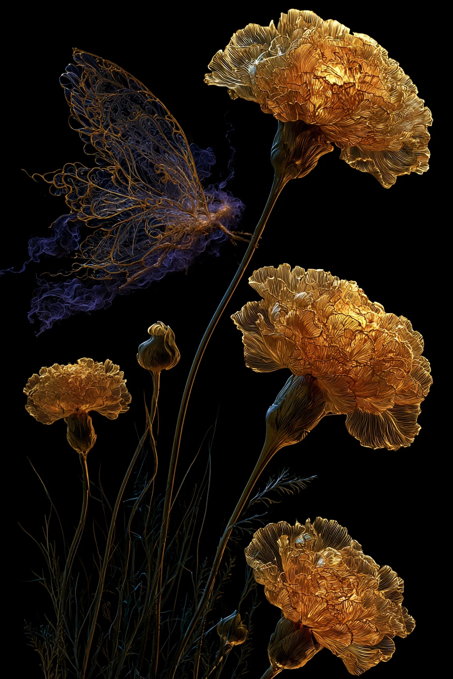 Flores doradas brillantes en un oscuro vacío místico