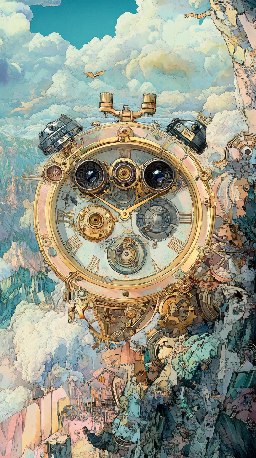 Reloj steampunk adorable con binoculares en montañas en tonos pastel