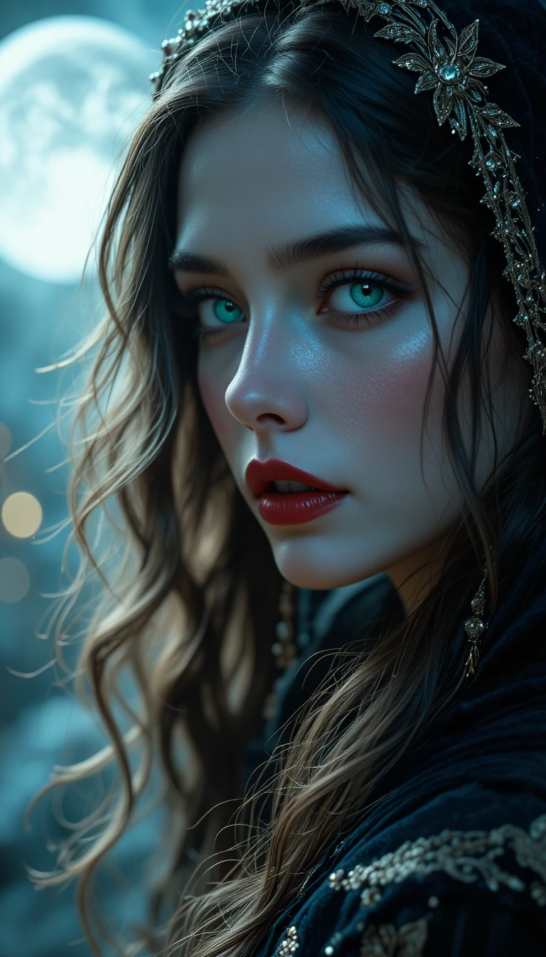 Mujer vampírica con ojos esmeralda a la luz de la luna gótica