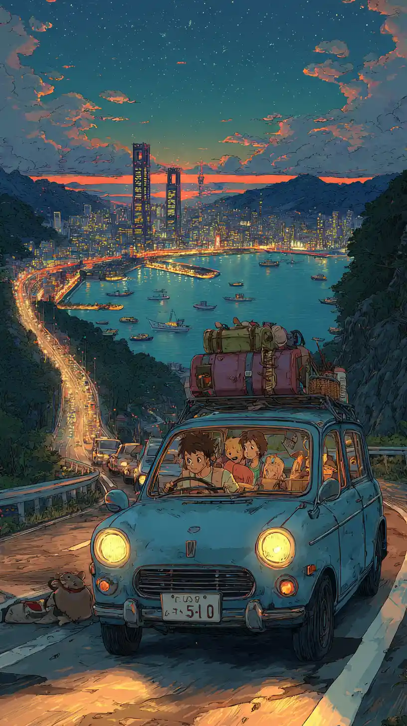 Viaje en coche familiar de anime por una calle mojada al atardecer
