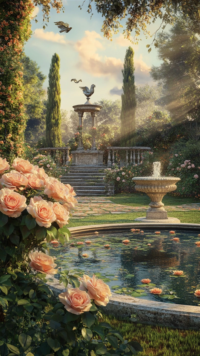 Romantico roseto con urne di pietra e fontana con cherubini