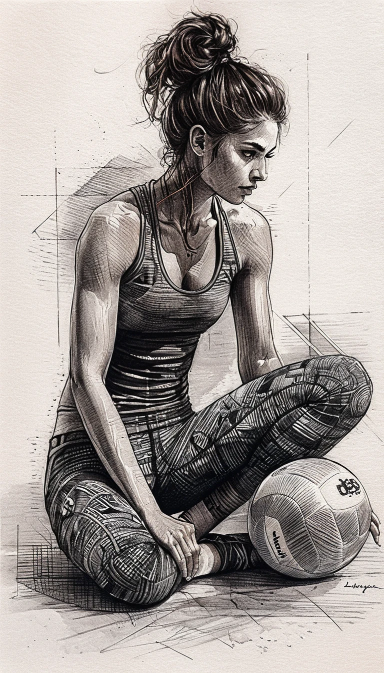 Chica atlética en cuclillas con balón de voleibol en dibujo a bolígrafo