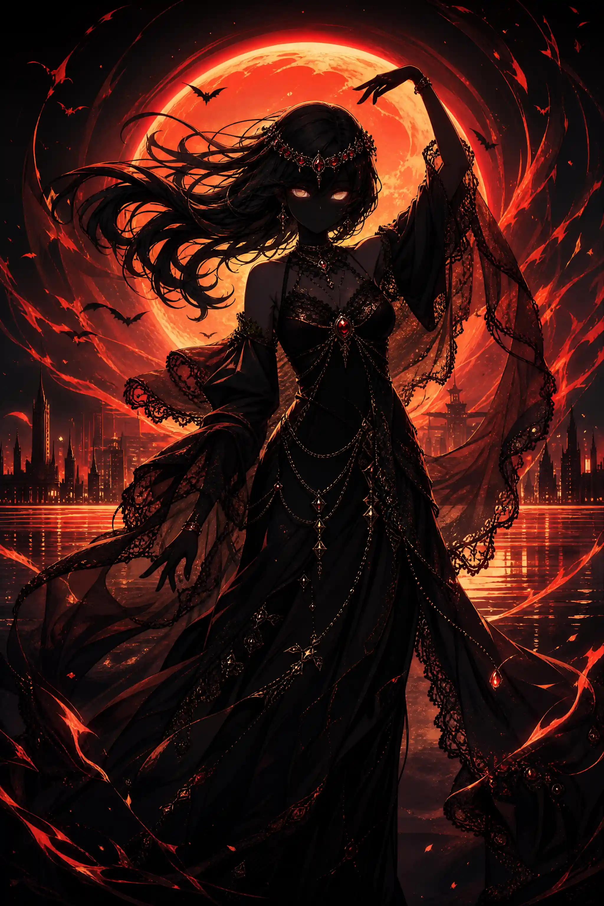 Bailarina de ritual oscuro ante un eclipse ardiente