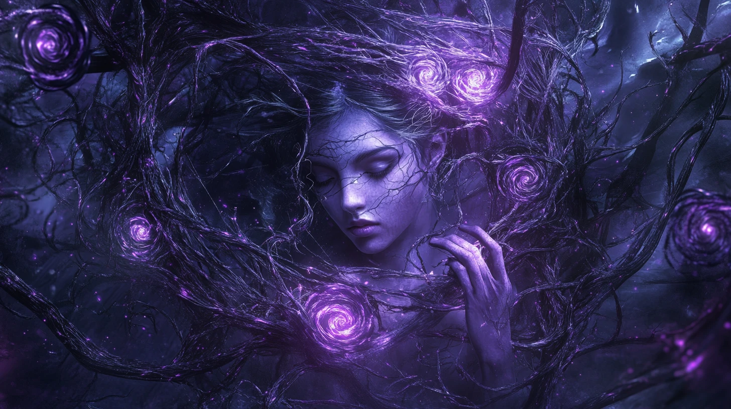 Misteriosa mujer que teje enredaderas de espinas vivas como magia oscura