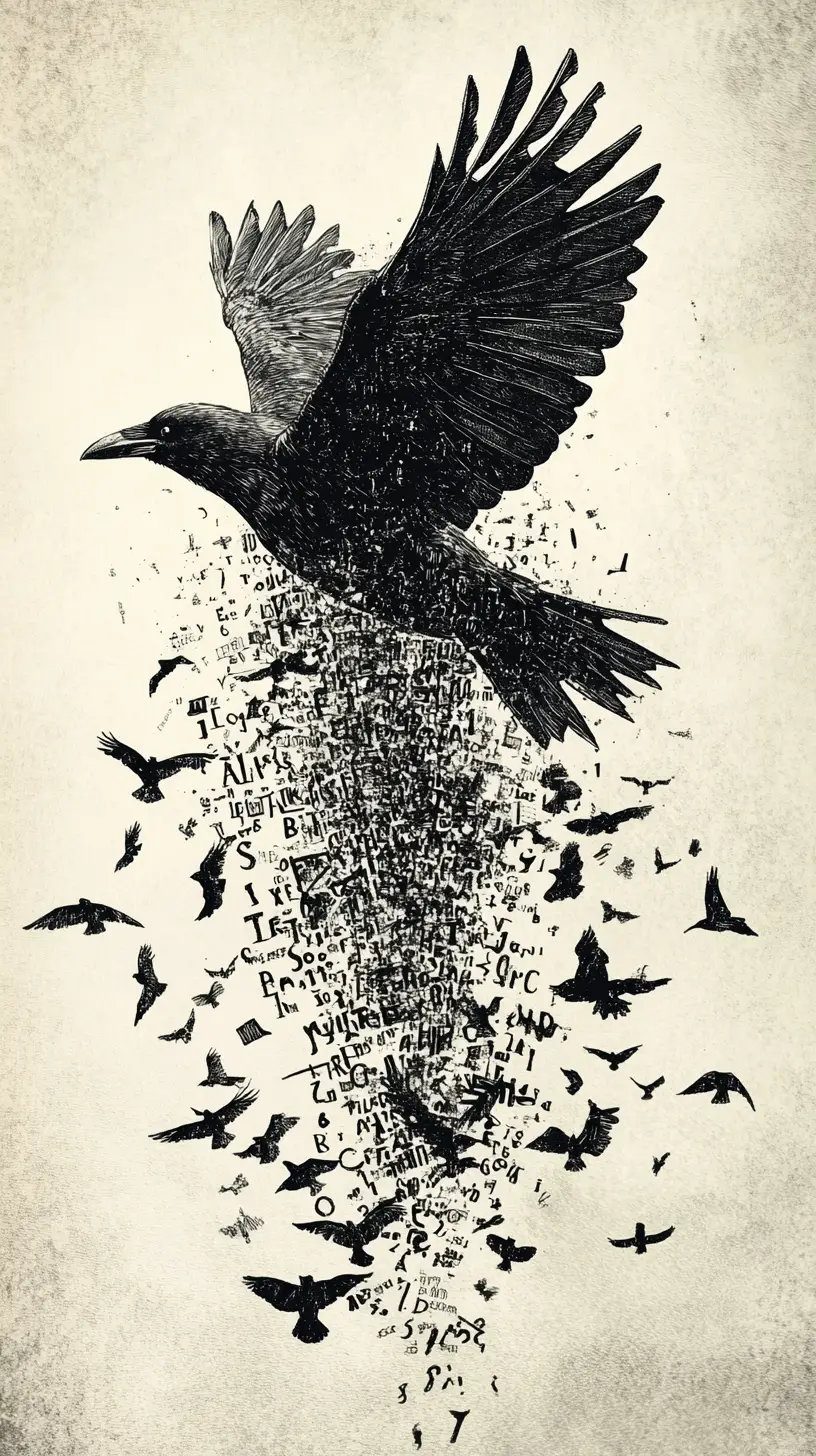 Corvo in volo che si dissolve in lettere e glifi dispersi