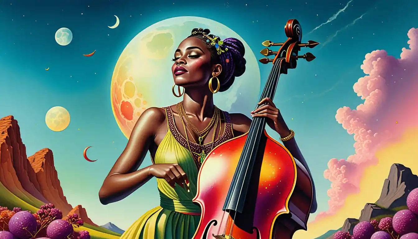 Black woman playing upright bass under a purple moon