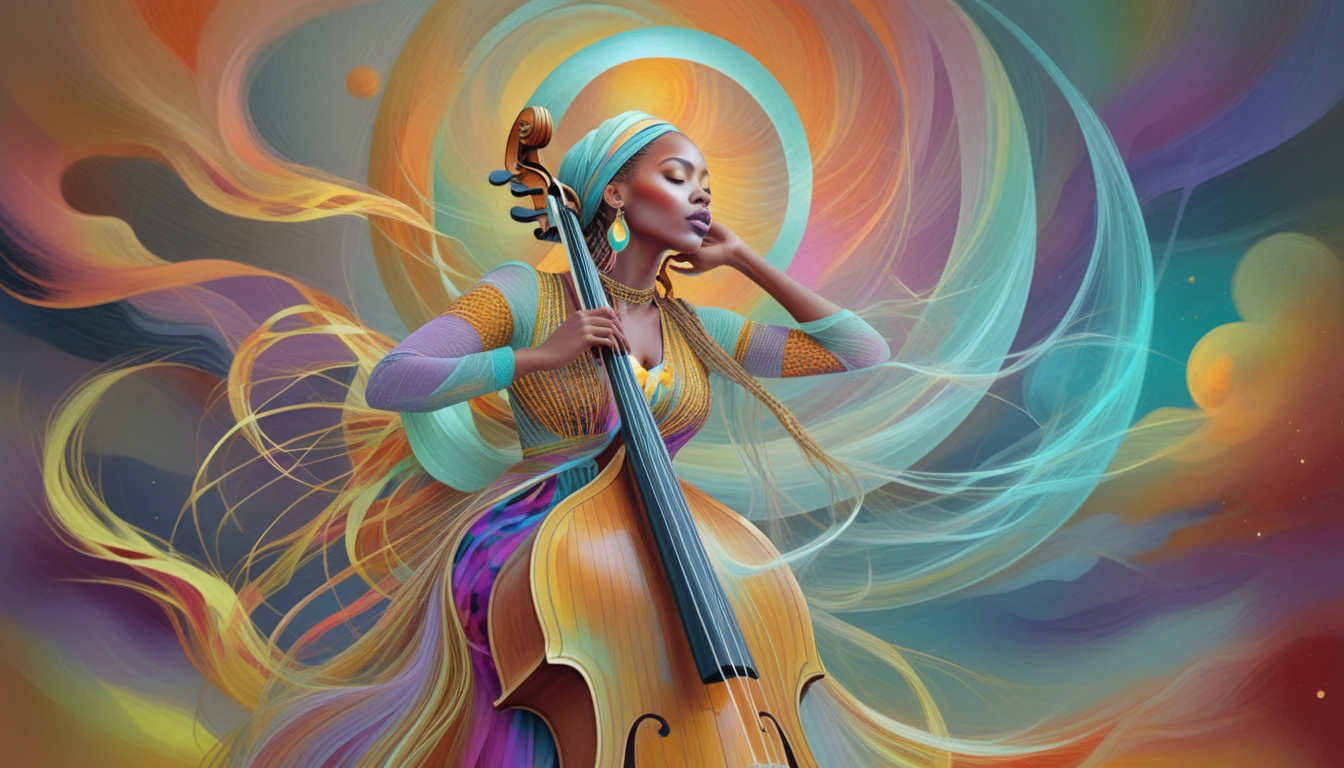 Mujer negra tocando contrabajo bajo una luna púrpura