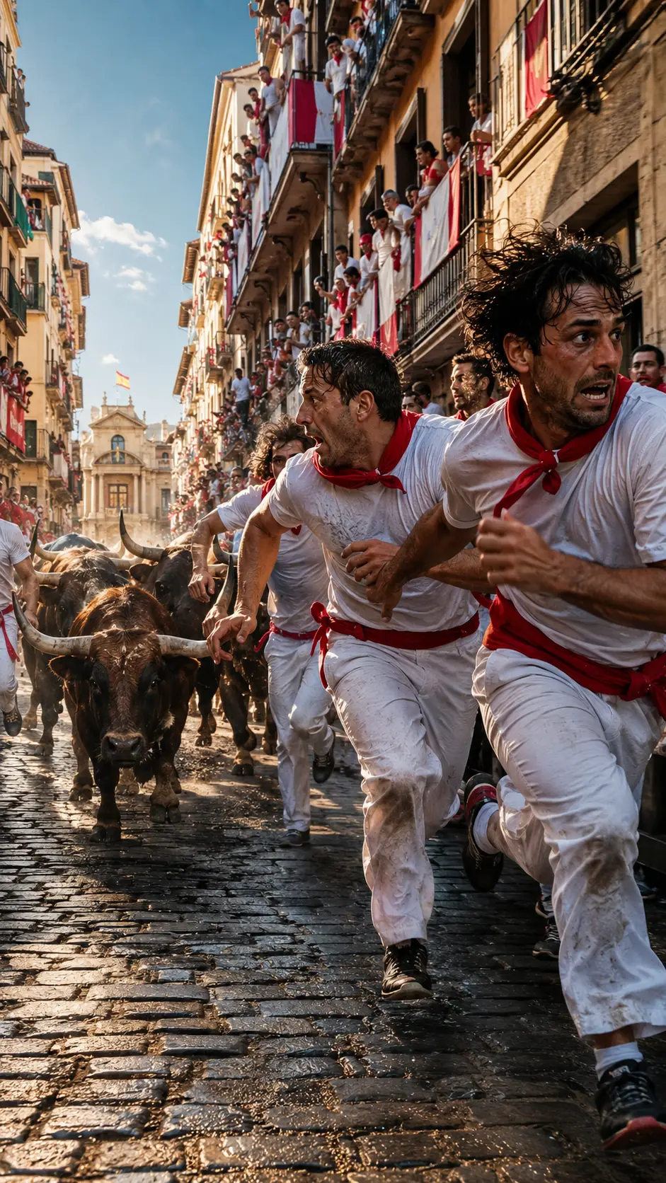 Corredores huyen de toros en estampida por estrecha calle española