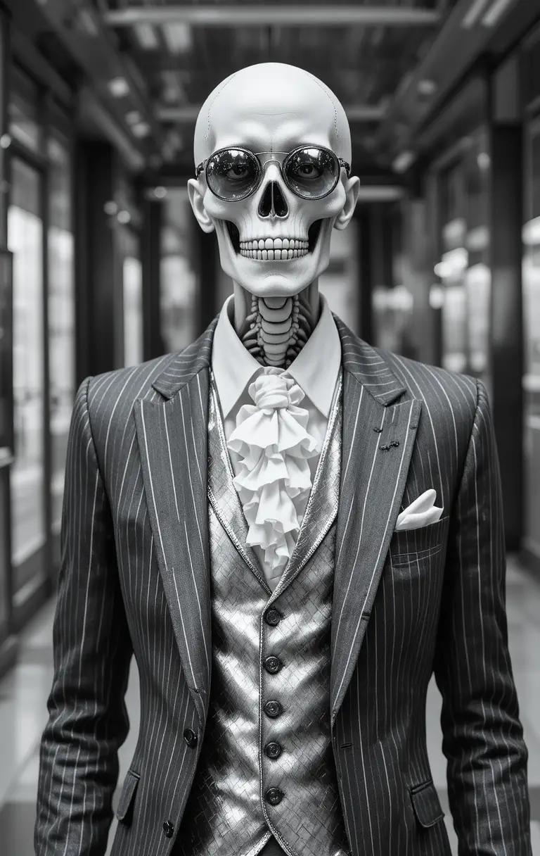 Stylish zombie skeleton in charcoal pinstripe suit and glasses