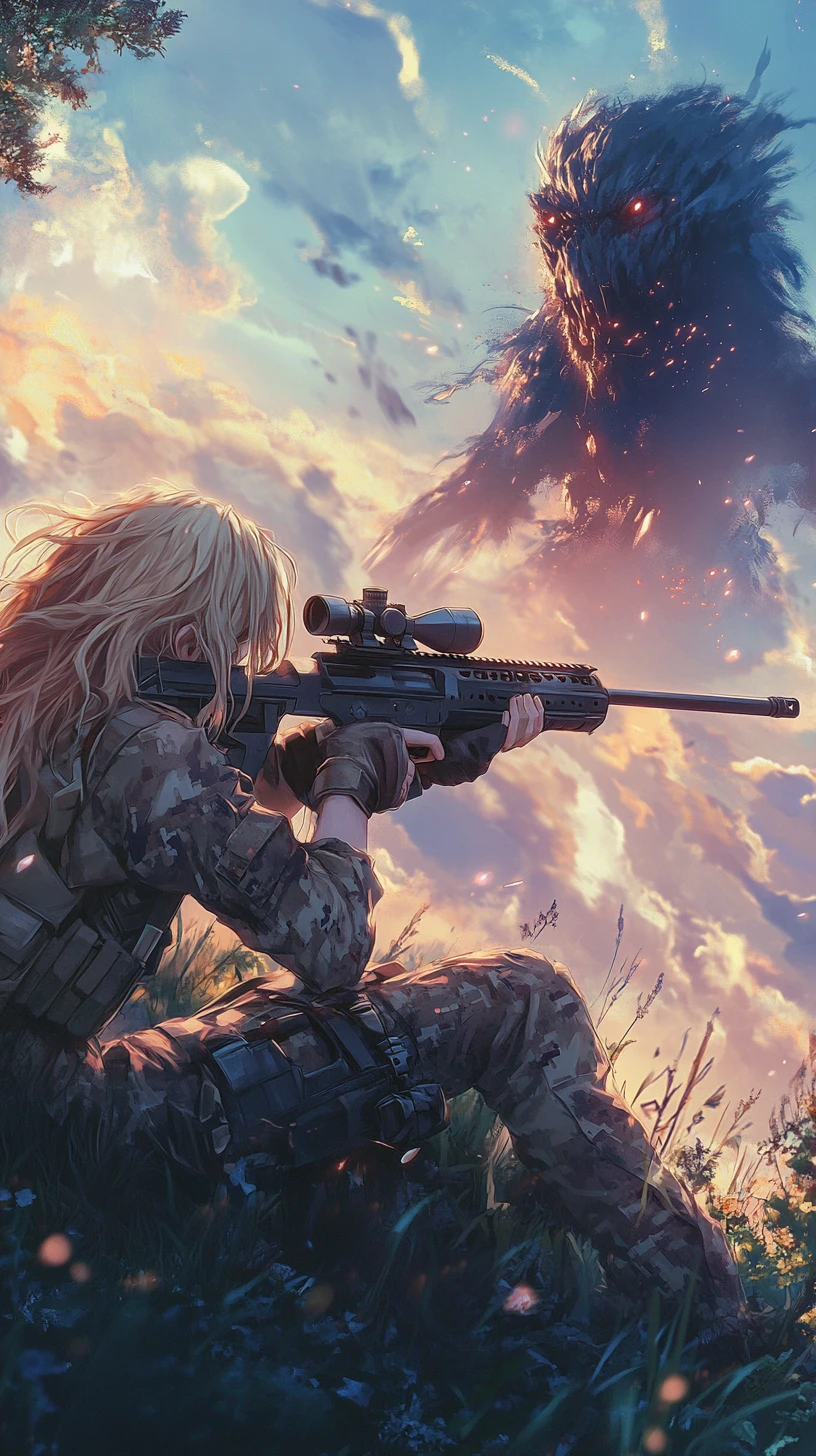 Anime girl sniping from camouflage against distant dark monster