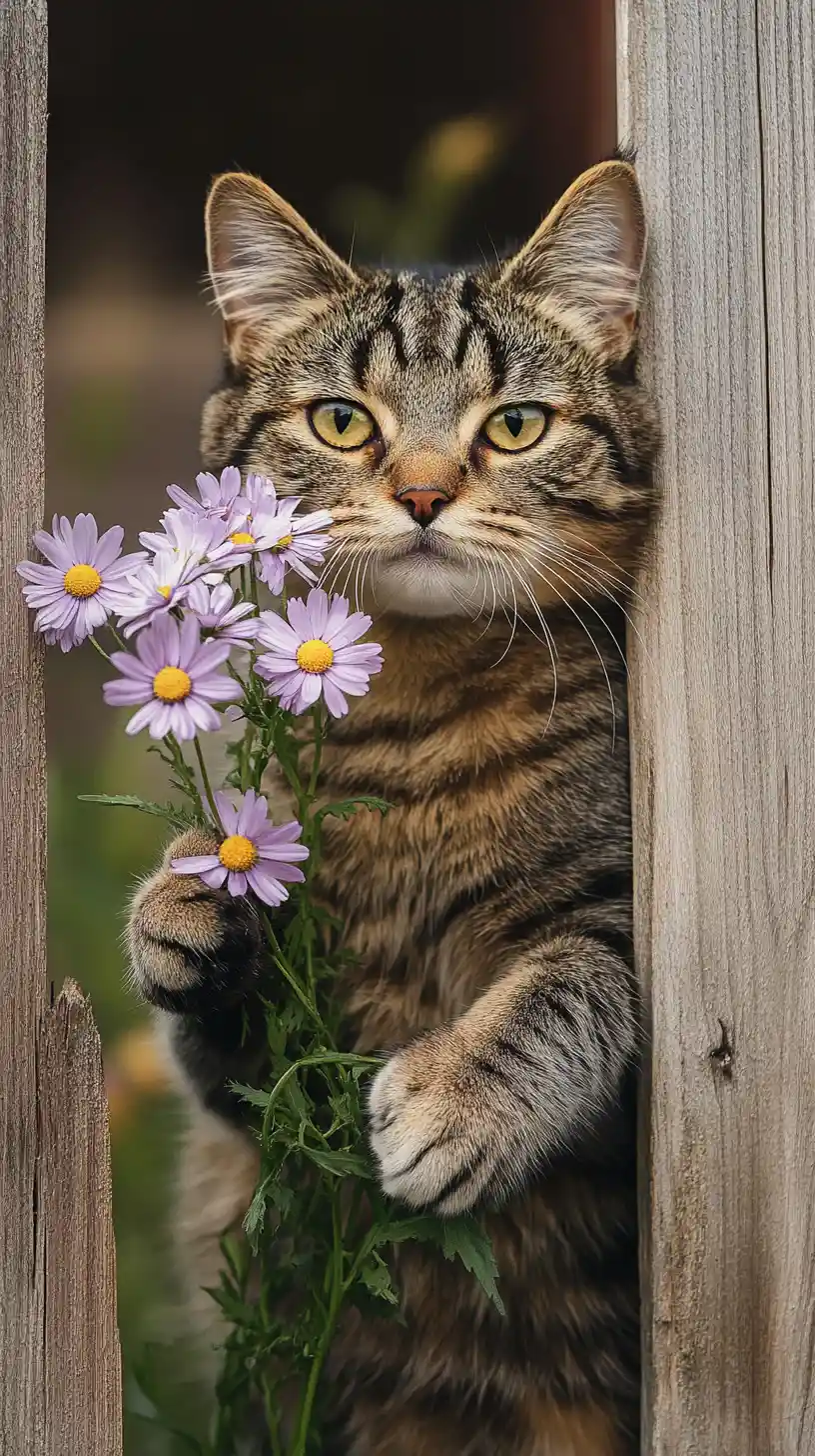 Gato atigrado sosteniendo margaritas moradas junto a una cerca de madera