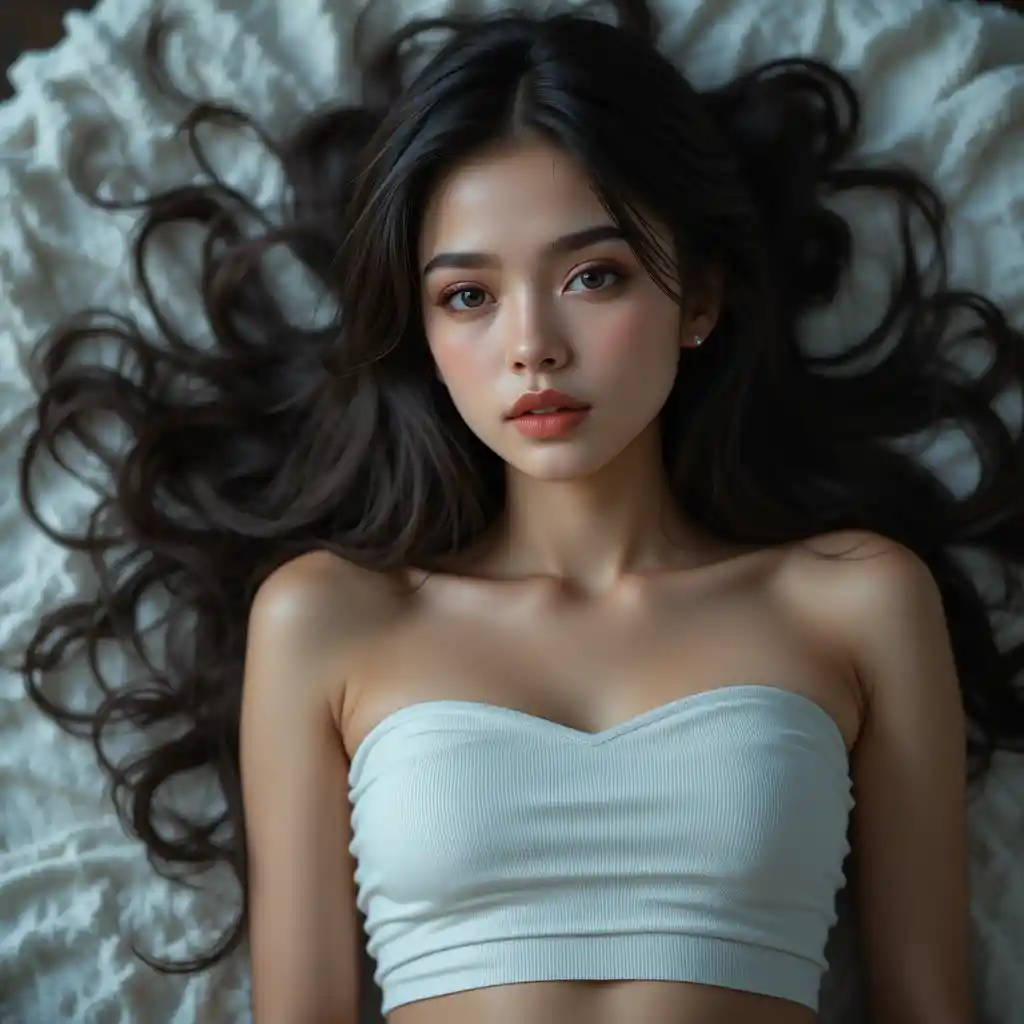 Serene young woman in white crop top and mini skirt