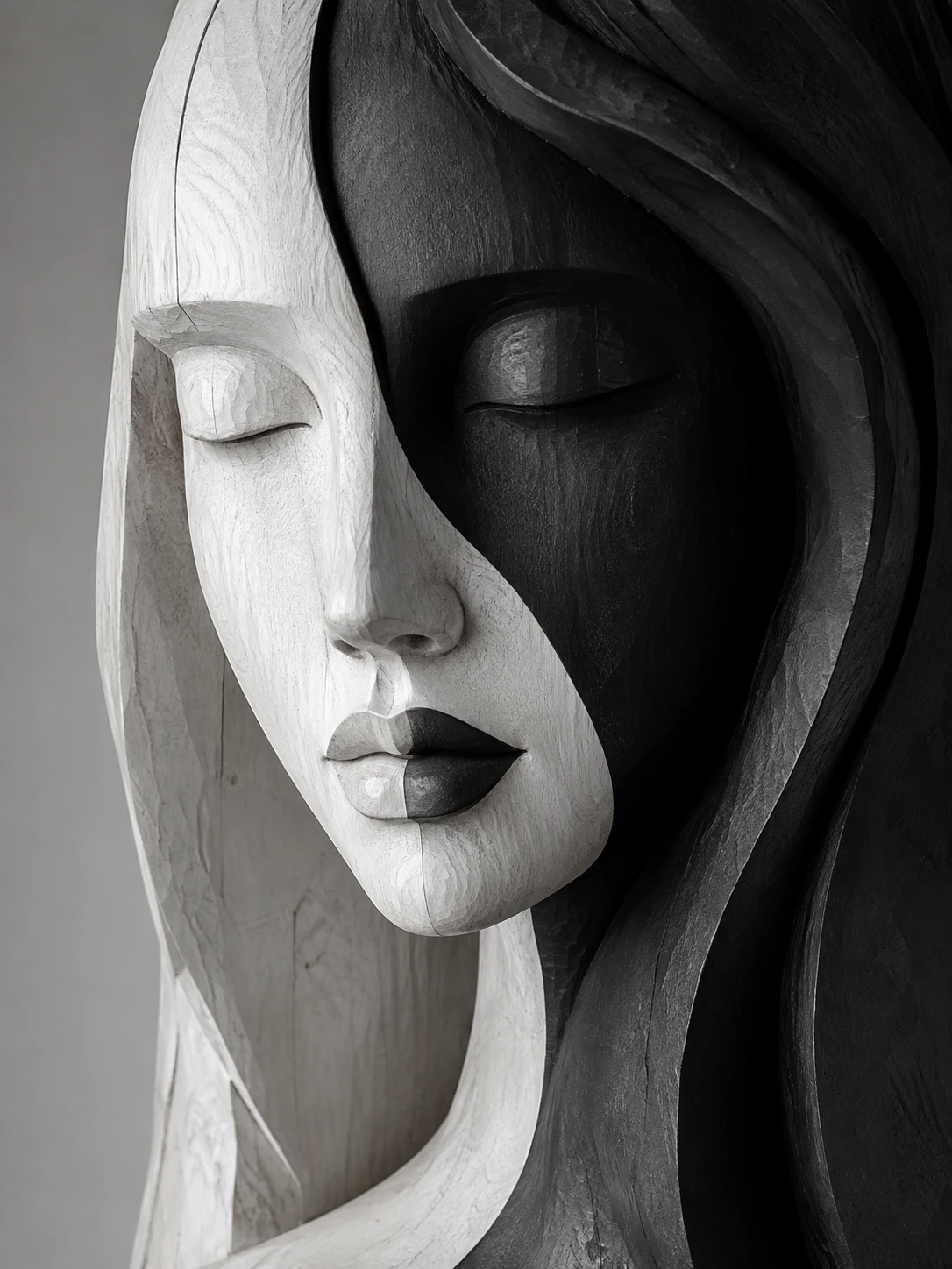 Primer Plano en Blanco y Negro de Escultura de Mujer en Madera