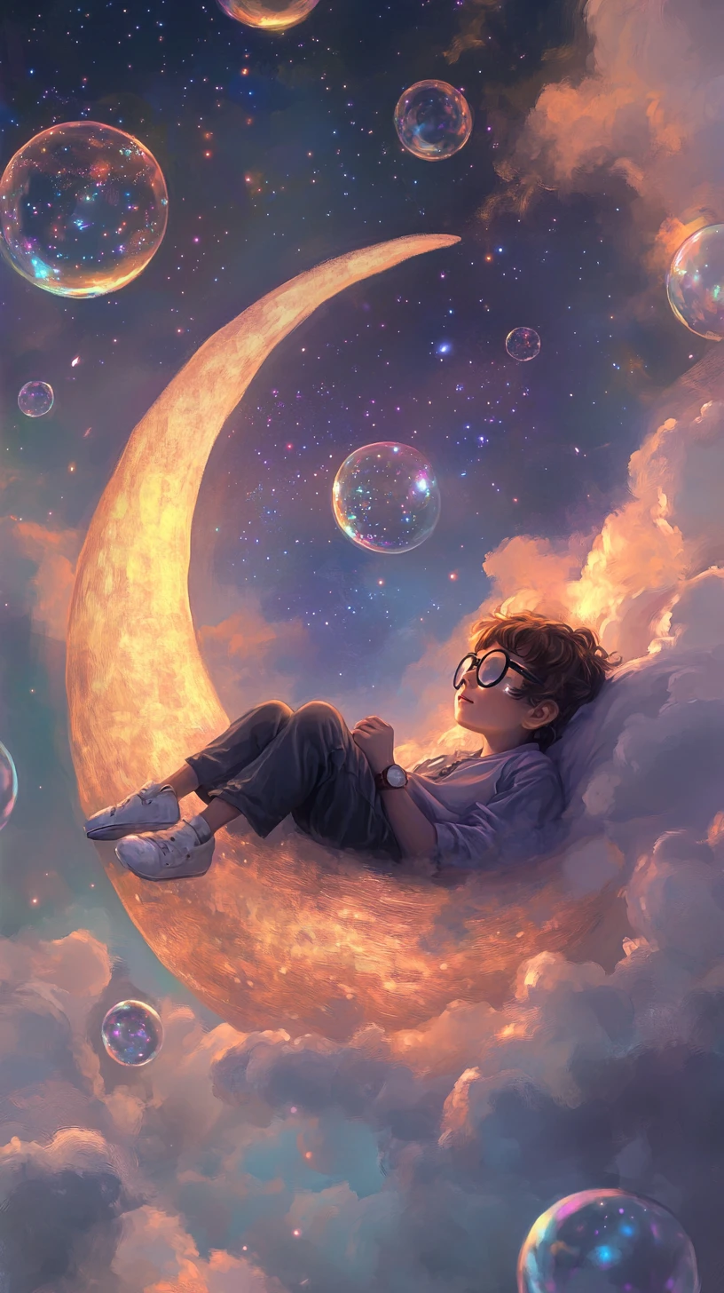 Chica de anime descansando sobre una luna creciente en un cielo de ensueño
