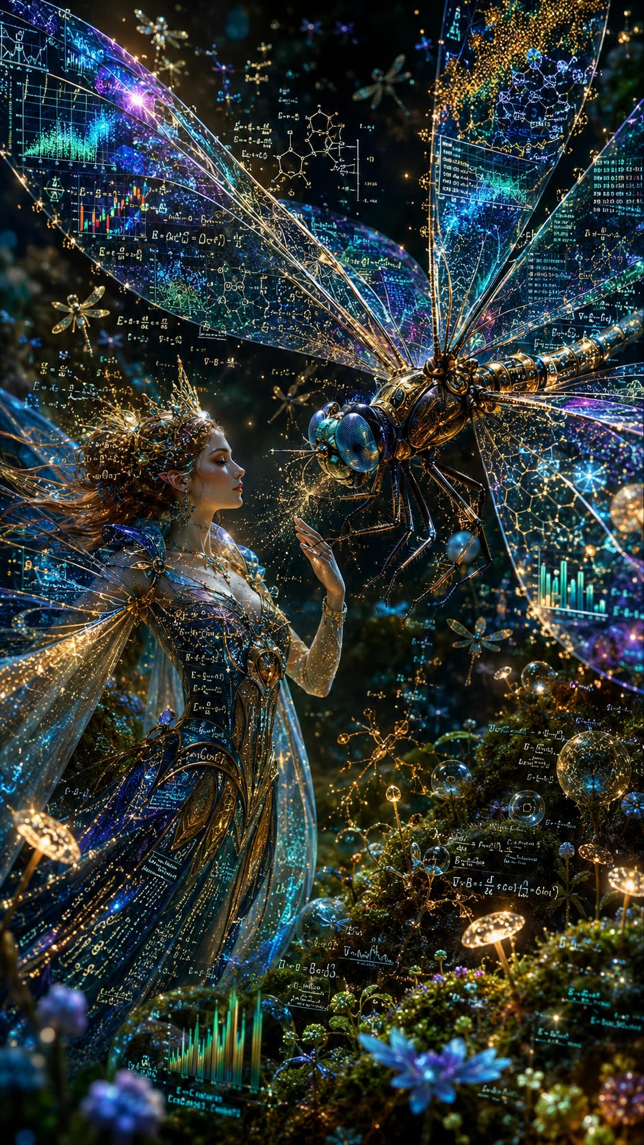 Reina hada junto a libélula alada de datos luminosa en escena macro