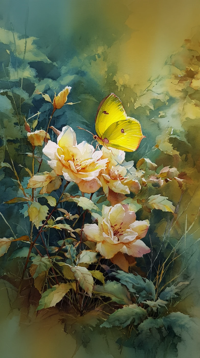 Borboleta amarela em flores brancas em aquarela de floresta suave