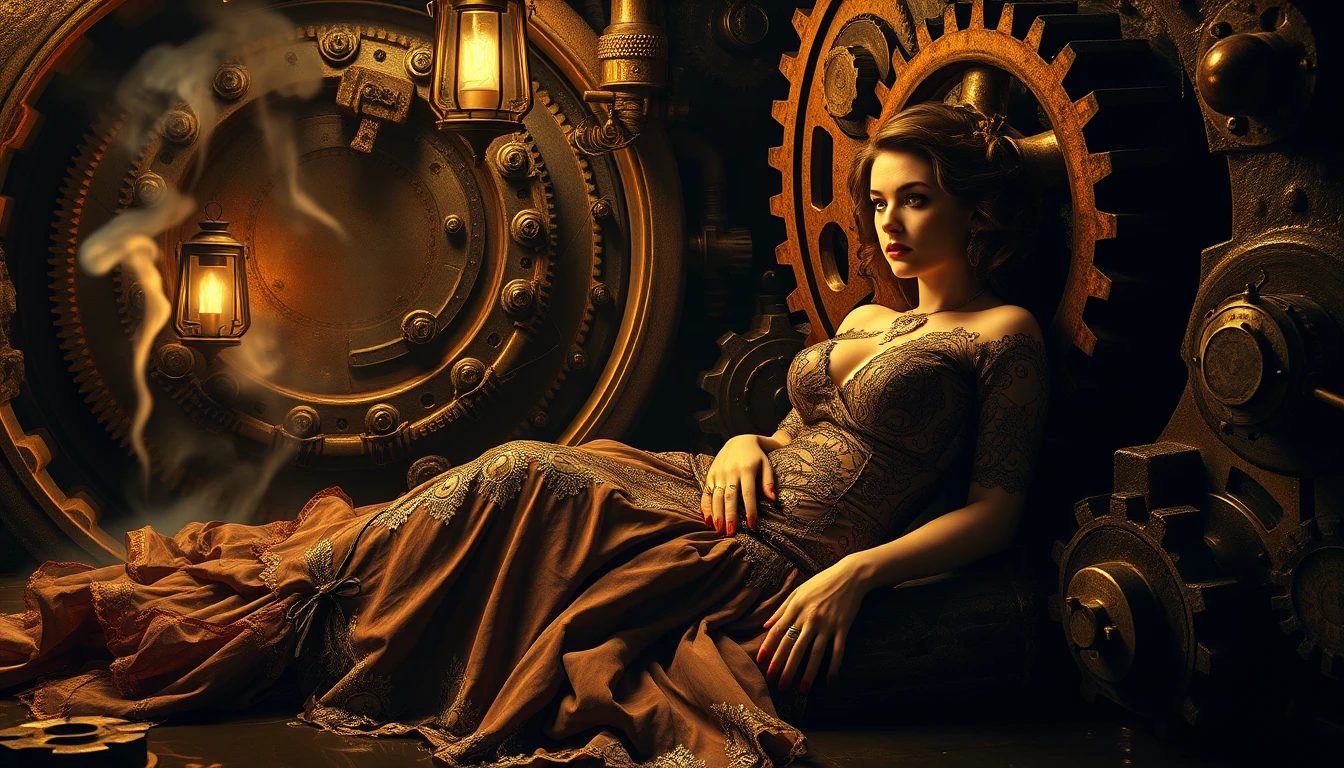 Femme fatale de latón en una alcantarilla victoriana de engranajes y vapor