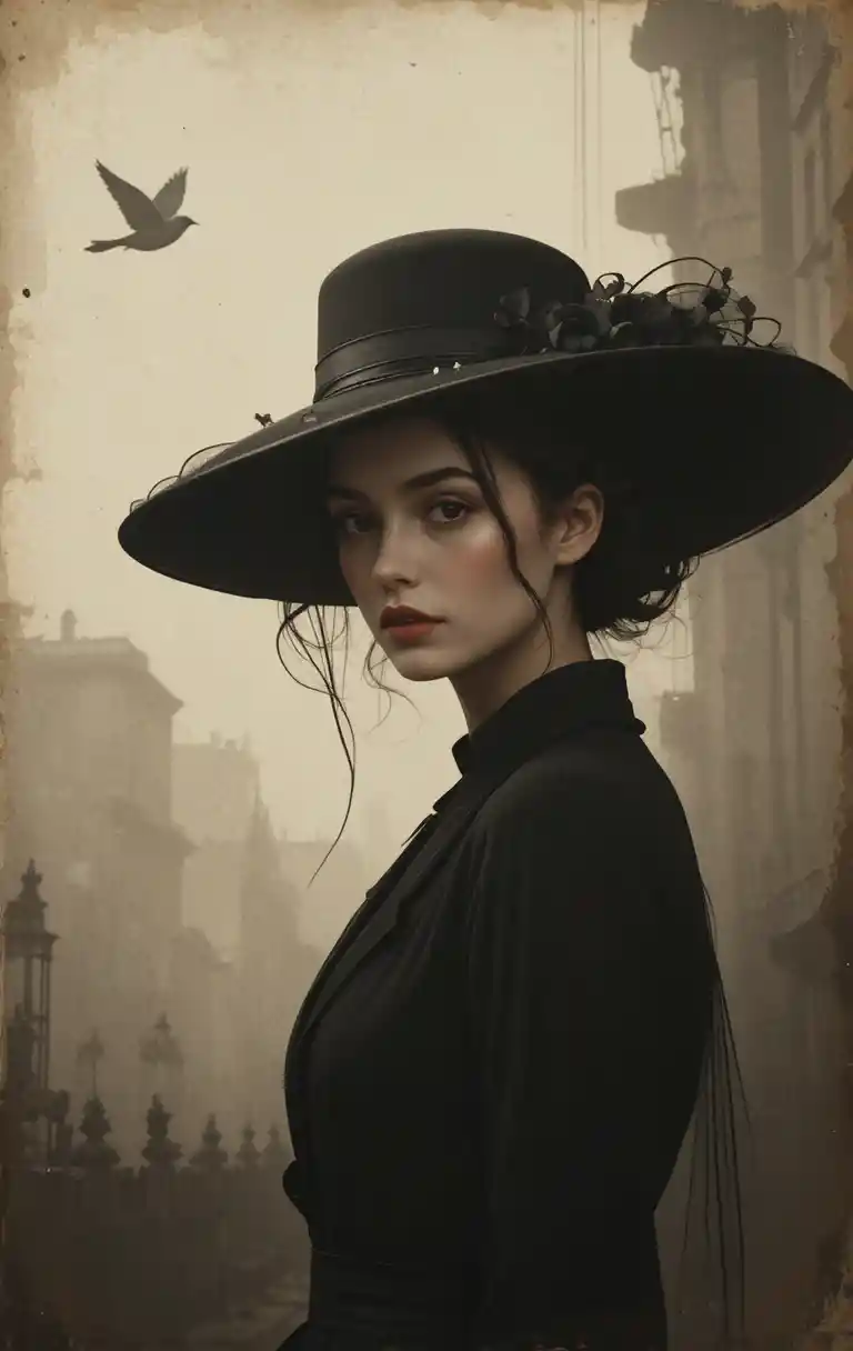 Mujer elegante con sombrero de ala ancha y retrato vintage con velo