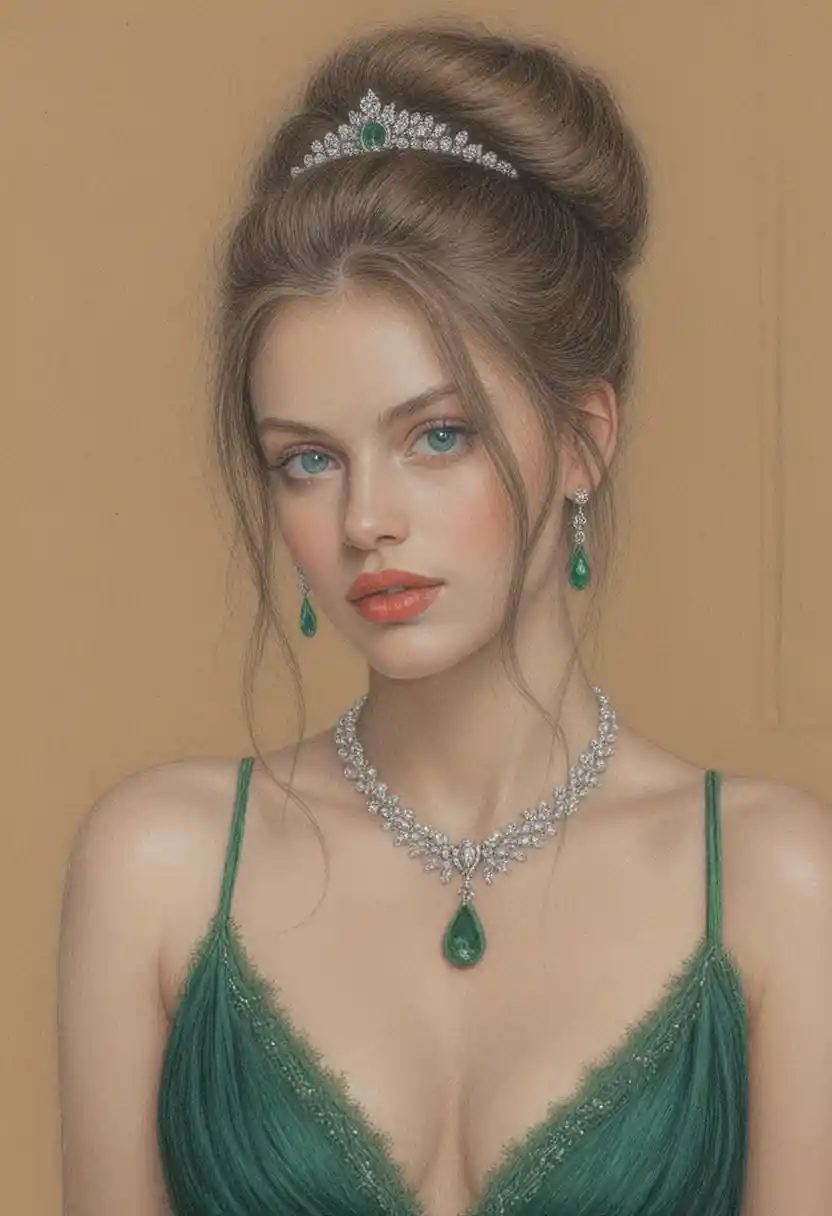 Retrato de mujer elegante a lápiz de color con tiara de joyas