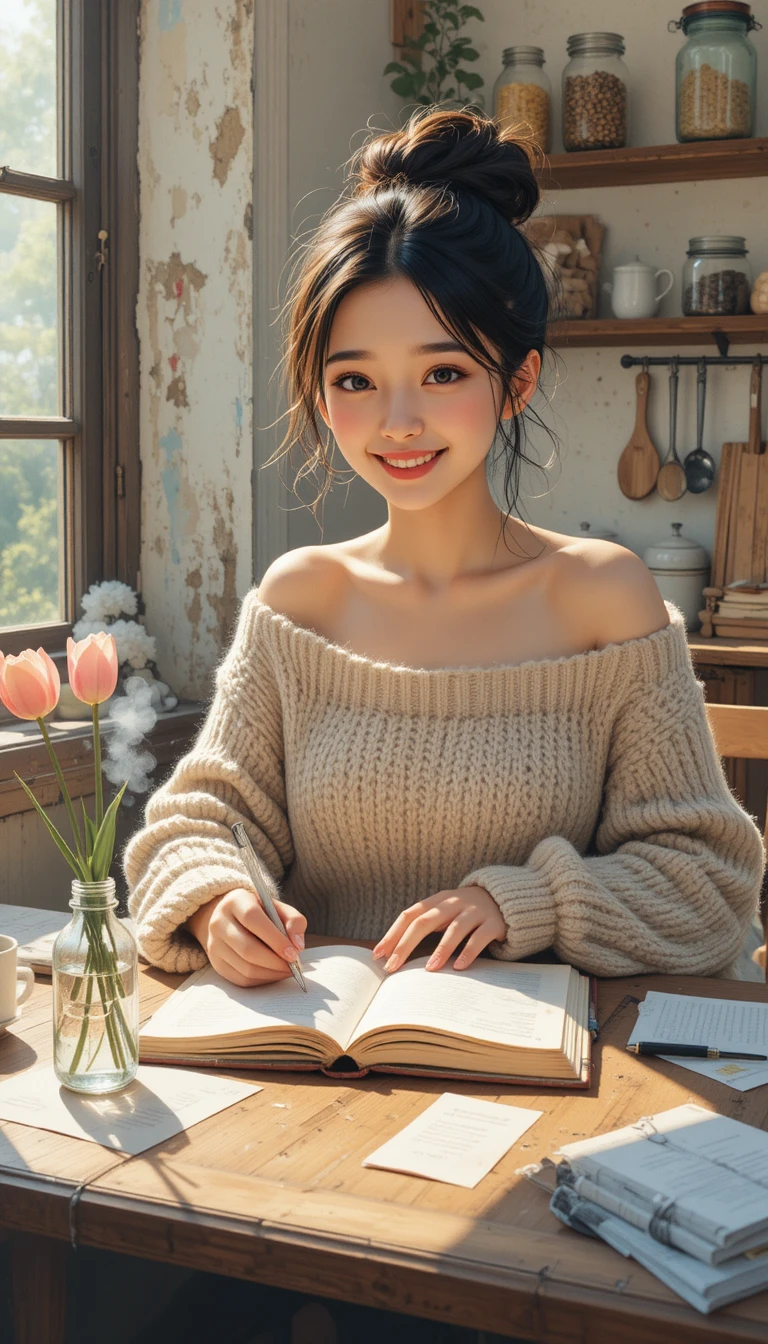 日差しの差し込むキッチンの一角で手紙を書くほっこり系アニメ風の女性
